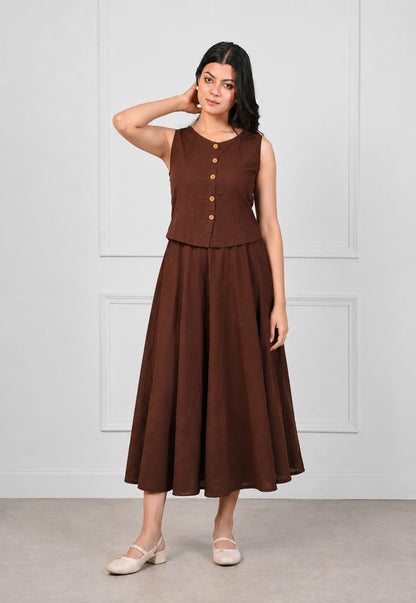 Sleeveless Button-Front Co-Ord Set with Flared Midi Skirt