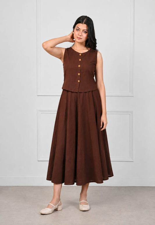 Sleeveless Button-Front Co-Ord Set with Flared Midi Skirt