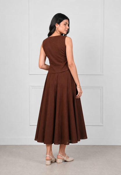 Sleeveless Button-Front Co-Ord Set with Flared Midi Skirt
