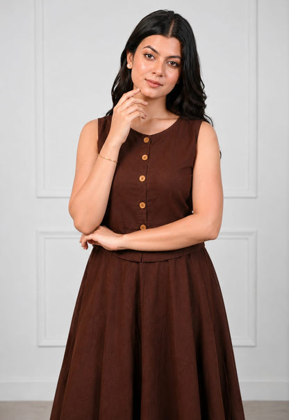 Sleeveless Button-Front Co-Ord Set with Flared Midi Skirt