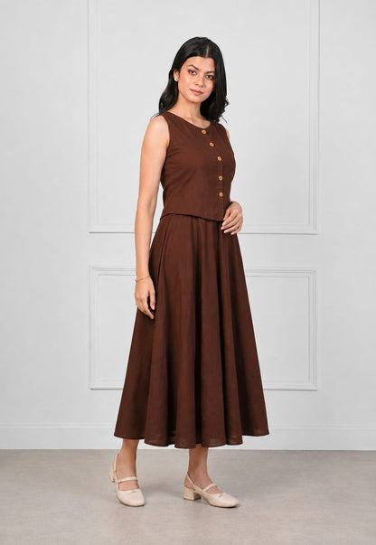 Sleeveless Button-Front Co-Ord Set with Flared Midi Skirt